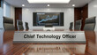 © Lang - Elegant Chief Technology Officer engraved wooden nameplate sitting on a polished mahogany desk within a modern corporate executive boardroom office setting for professional leadership.