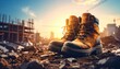 © Aifaa - Rugged work boots resting on construction site rubble with cranes and buildings in the background