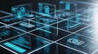 © Nusrat - Complex digital network grid with multiple floating file icons and data nodes representing information management and virtual document storage solutions on high tech black surface.