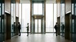© animonday - Business professionals navigate a brightly lit, contemporary corporate building lobby, featuring sleek elevators and modern architectural design, symbolizing urban efficiency and professional ambition