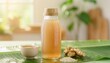 © Nusantara Harvest - Part of Nusantara Harvest, Bottled traditional Indonesian herbal jamu with ginger and rice on leaf