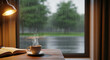 © Sakurako - 雨の日の窓辺と湯気が立つホットコーヒー（梅雨・背景素材・コピースペース）