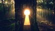 © ZikriAlias - A magical keyhole in an ancient tree trunk glowing with warm inviting light in an enchanted forest.