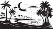 © Abdul - Tropical beach silhouette with palm trees and crescent moon, night island landscape vector illustration, black and white coastal scenery EPS