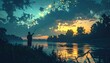 © SuperMillow - A solitary fisherman casts his line into a dreamlike sunset sky, a moment of peaceful reverie.
