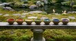 © Svets - Rainbow Colored Bowls on Wooden Rail in Zen Garden
