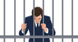 © Sarah - Depressed businessman in a suit leaning against the bars of a prison cell representing legal trouble or confinement.