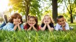 © Ikram - Happy diverse children lying on green grass in sunny park, group of smiling kids playing outdoors, multiethnic childhood friendship and summer education