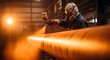 © ArtSync Studio - Industrial Worker Painting a Large Metal Pipe with Spray Gun in Factory Setting