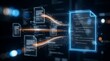 © Home Stock - Digital data streams flowing between illuminated code documents in a dark, futuristic abstract digital network environment.