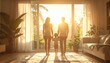 © Wndyy - Family standing together looking outside through large windows in living room