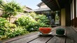 © happy Wu  - 日本の夏の風景・縁側に置かれたスイカ・青々とした日本庭園