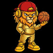 © MuhArif - Cartoon lion wearing headphones playing basketball.