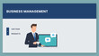 © Keya - Professional business management slide template with a businessman using a laptop computer against a blue and grey background header.