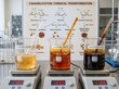 © yoga - Food science laboratory experiment demonstrating the chemical transformation of caramelization with sucrose glucose and fructose in beakers.