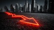 © Gustiawan - Glowing red arrow descends across dark asphalt toward city skyline