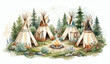 © Nataliia - Indigenous tipi village camp with traditional teepees campfire and pine forest isolated on white background