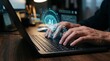 © 7IMJAGO - AI artificial intelligence interface over laptop keyboard, programmer using machine learning automation technology