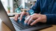 © 7IMJAGO - Cybersecurity protection concept with person typing on laptop, cloud lock, shield checkmark, secure data access