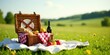 © wichit - A delightful picnic basket filled with fresh bread, ripe produce, and a bottle of wine rests on a pristine white blanket in a sun-drenched meadow, perfect for a relaxing outdoor repast.