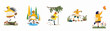 © Isabella - Whimsical vector illustration set of a little girl in a yellow raincoat enjoying outdoor adventures in nature, from jumping in puddles to catching butterflies.