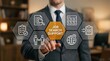 © Shabbir - Professional businessman interacts with a glowing digital interface showcasing various icons related to effective job search support and career development opportunities.