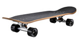 Black grip tape skateboard with wooden deck and metal trucks, isolated on transparent background