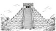 © Mirian - Hand drawn black and white illustration of a majestic pyramid surrounded by lush vegetation capturing ancient architectural grandeur