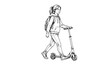 © Hanif - Teen Girl Walking With Kick Scooter Hand Drawn Sketch Vector Illustration