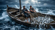 © Asmita - Two men pulling net full of fish from sea. Scene depicting miraculous catch by apostles. Biblical story illustration from New Testament. Ancient fisherman in boat. Christianity concept.