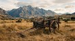 © Rtx Masfi - Rustic wooden cart in a golden field with majestic mountains, rural landscape for travel and history