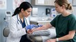 © ALLmost - A female doctor examines a patient's arm rash in a medical examination room.