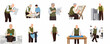 © Noorr - Set of senior male architect illustrations working with blueprints, technical drawings, and building models in various professional scenarios.