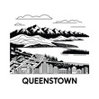 © Pixel Loft - Queenstown Skyline Illustration Black And White Linear Design