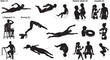© Shammi - Set of swimming pool people silhouettes, swimmers, divers, lifeguard, family and couple relaxing in water