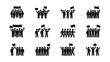 © tr - Set of protest and demonstration stick figure icons with people holding banners and flags.