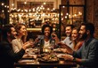 © twilight mist - Diverse Group of Happy Friends Enjoying Dinner and Wine Toasting at a Cozy Restaurant with Warm Bokeh Lights