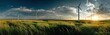 © andyaziz6 - View of modern white wind turbines with sleek blades in a lush green open field during sunset, showcasing renewable energy technology and wide open landscape