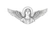 © Mey - A detailed black and white line drawing depicts an angel with large, feathered wings. The angel’s face is serene and contemplative, looking upwards.