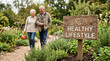 © FrameLab - Happy Senior Couple Walking on Nature Trail Behind a Wooden Healthy Lifestyle Sign Illustrating Wellness and Active Retirement