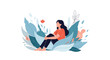 © Benedict - Young woman with long dark hair sitting peacefully cross-legged in a cluster of large blue and green leaves and flowers.