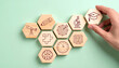 © Aytana - Hand arranging wood block stacking with elements education icon. Diagram of knowledge graduation concept