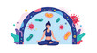 © Benedict - Peaceful woman meditates in a yoga pose under a colorful protective shield that blocks various germs and viruses.