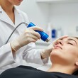 © ❤  Nancyvoz68❤  - prompt: Side view of an Epidermal Growth Factor (EGF) cellular facial. A clinician in a white coat applies serum with a specialized blue device to a blurred patient's jawline. Clean, modern medical of