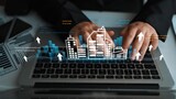 Digital transformation in business with hands on laptop and holographic cityscape for innovative solutions in technology and commerce growth strategies Gluon.