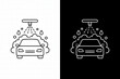 © Ferdy - Car wash service linear icon set showing vehicle auto cleaning with water spray and foam bubbles in black and white styles