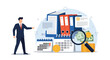 © Dilruba - Professional businessman pointing towards large office folders, calendars, and stacks of money with a magnifying glass for a financial audit concept.