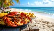 © Hanania Project - Fresh seafood platter on wooden table at sunny beachside restaurant with ocean view