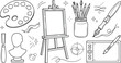 © MAHAMUDA BEGUM - Art studio supplies and creative tools doodle icons set with easel palette brushes mannequin fountain pen and graphics tablet