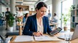 © detry26 - Human resources officer working with financial records in office. HR specialist calculating corporate benefits and payroll data. Professional manager managing company compensation and salary